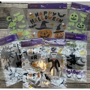 Lot Of 7 Halloween Window Gel Clings, Ghosts, Spiders, Witch, Bats, Pumpkins {J}